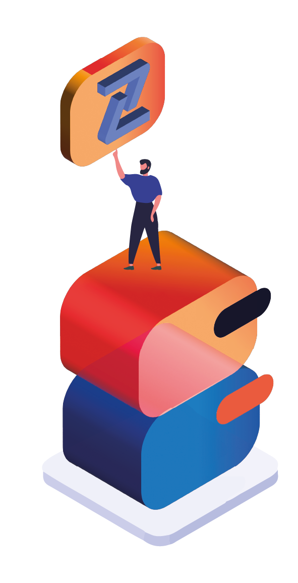 Man holding letter Z on stacked colorful books illustration.