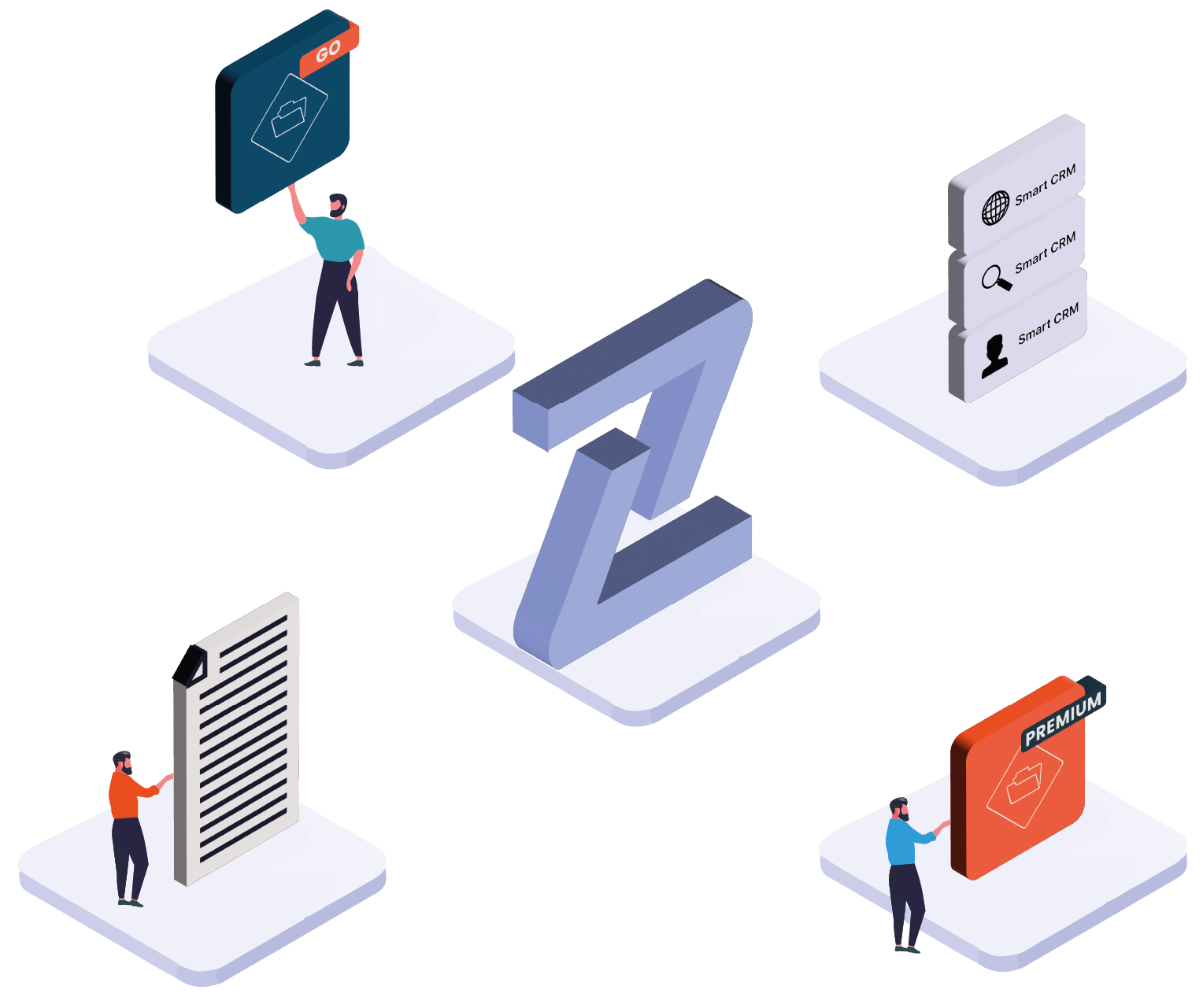 Isometric illustration of CRM features and large letter Z.