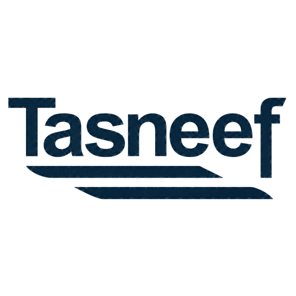 Logotipo de Tasneef con texto azul estilizado y subrayado.