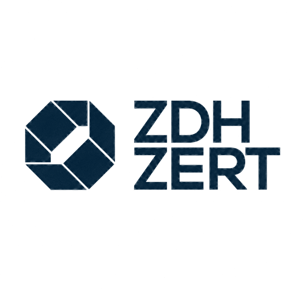 Logotipo de ZDH ZERT con diseño hexagonal geométrico.
