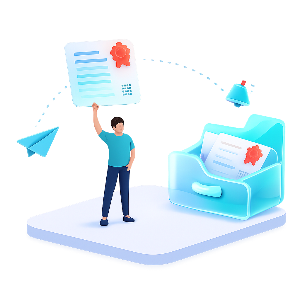 Person holding document near glowing file drawer. Person holding document near glowing file drawer.