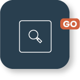 Icono de búsqueda con botón GO sobre fondo oscuro.