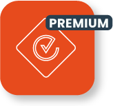 Icono naranja con marca de verificación y etiqueta PREMIUM.