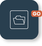 Icono de carpeta con botón GO sobre fondo oscuro.