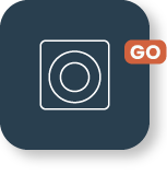 Icono cuadrado oscuro con círculos concéntricos y GO naranja