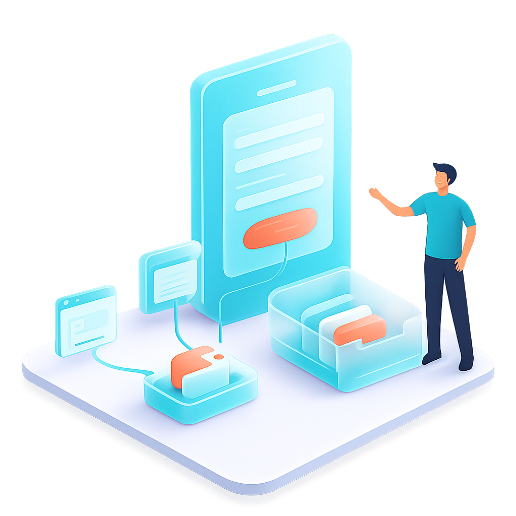 Man interacting with digital interface and floating icons. Man interacting with digital interface and floating icons.