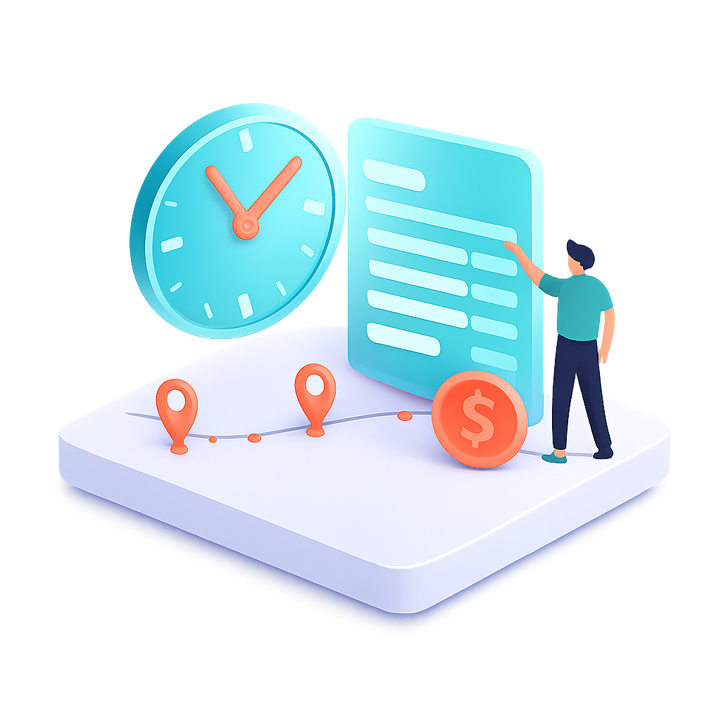 Ilustración 3D de una persona planificando con iconos de reloj y mapa. Ilustración 3D de una persona planificando con iconos de reloj y mapa.