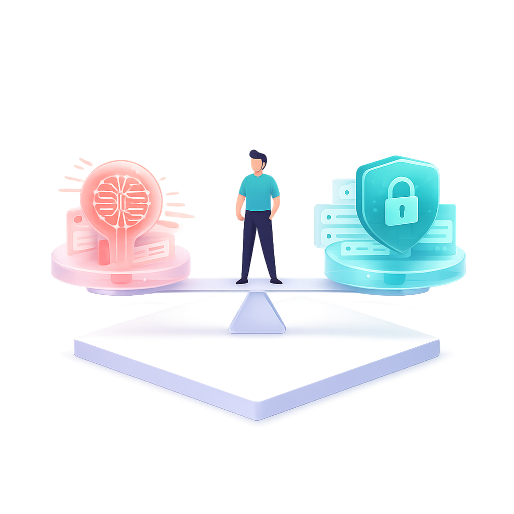 Person balancing AI and security icons on a scale. Person balancing AI and security icons on a scale.