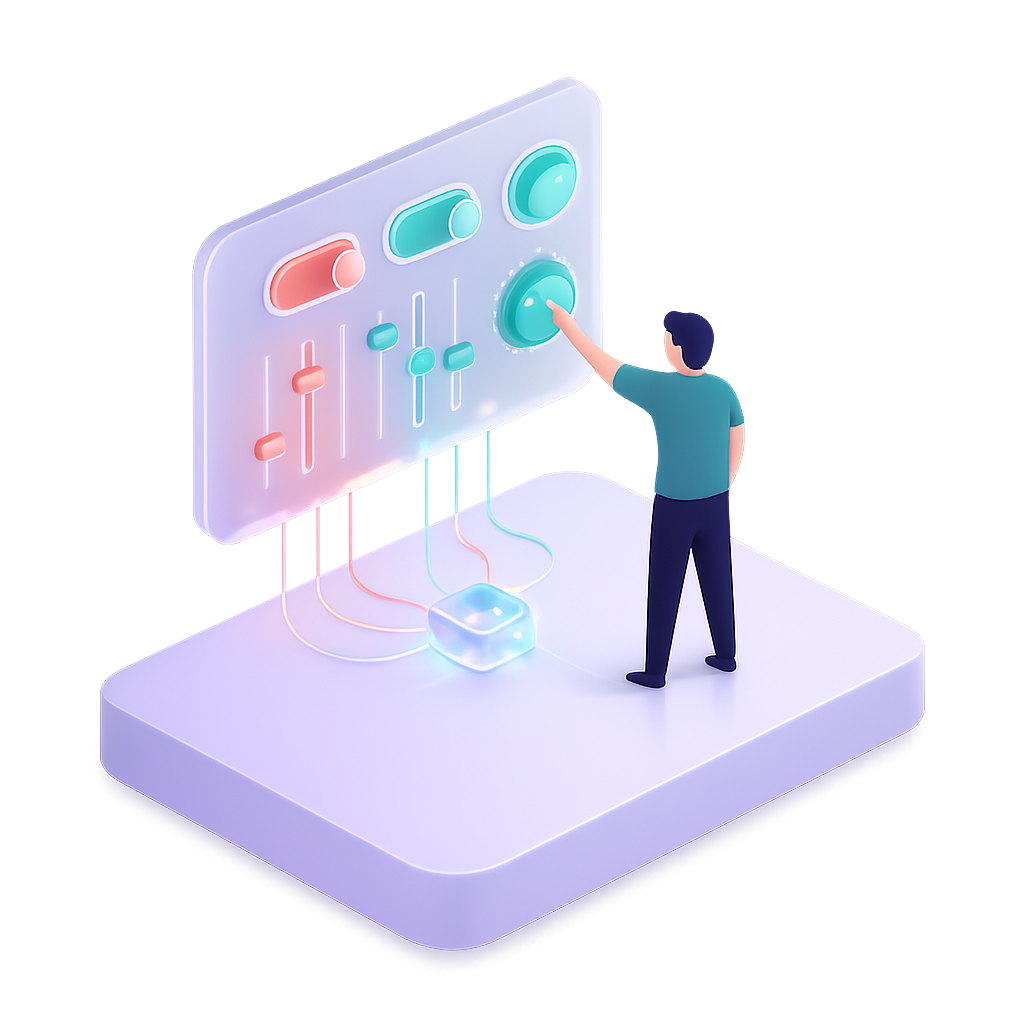 Person adjusting glowing control panel with sliders and