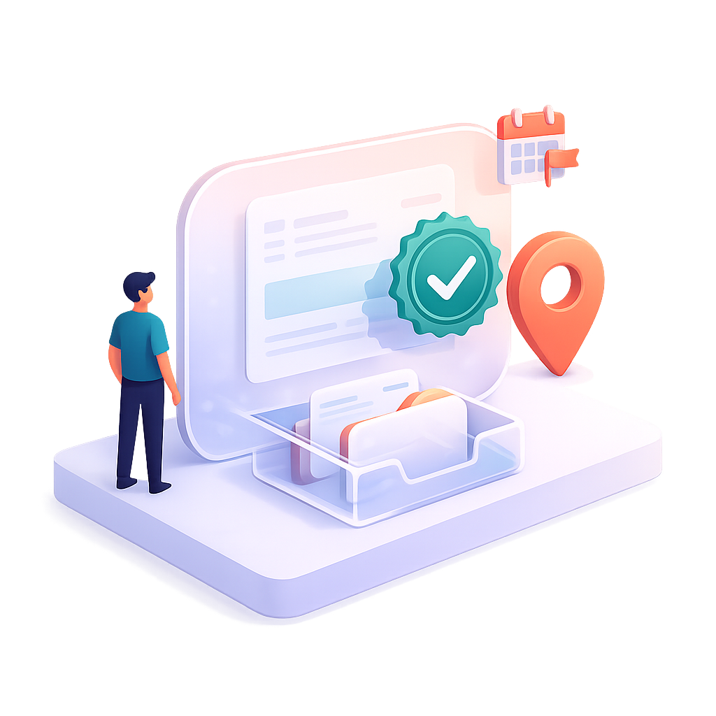 Persona visualizando un documento digital con una marca de verificación y una ubicación Persona visualizando un documento digital con una marca de verificación y una ubicación
