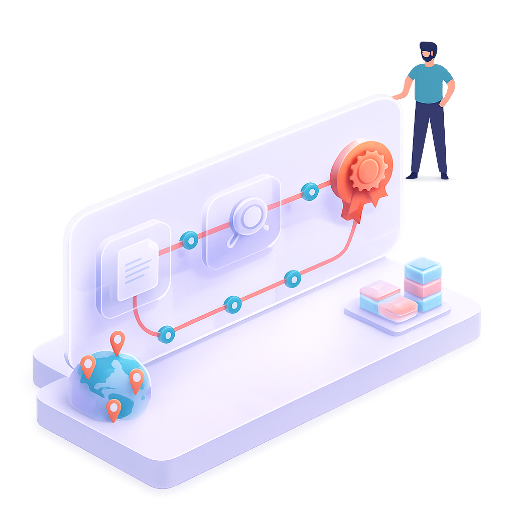Ilustración isométrica de un flujo de trabajo digital con globo terráqueo, iconos y persona