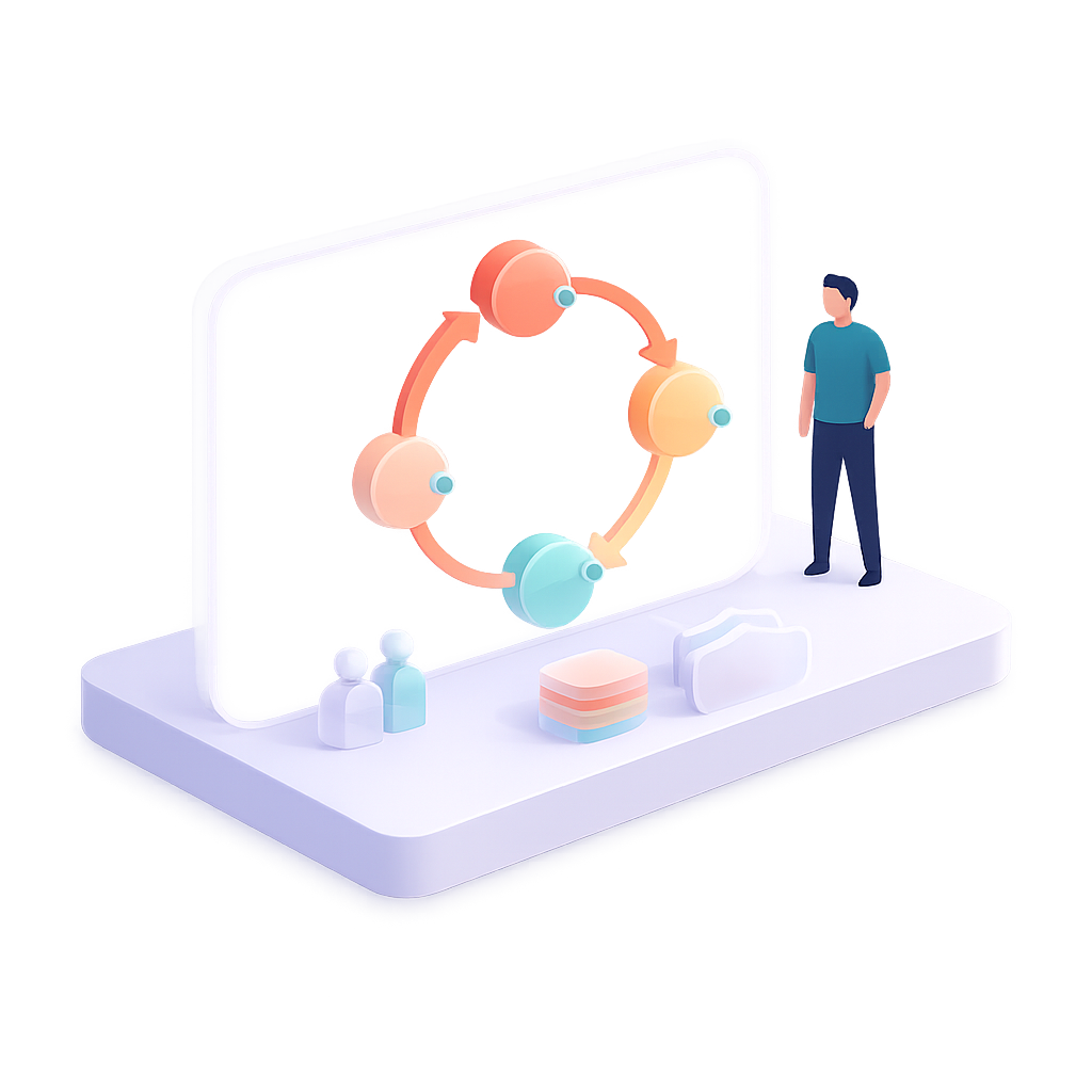 Isometric illustration of a man viewing a circular Isometric illustration of a man viewing a circular