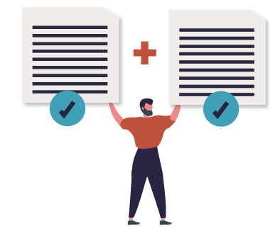 Person holding documents with checkmarks and plus sign.