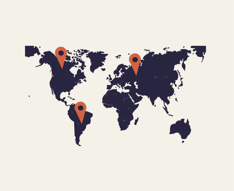 World map with three red location pins. World map with three red location pins.