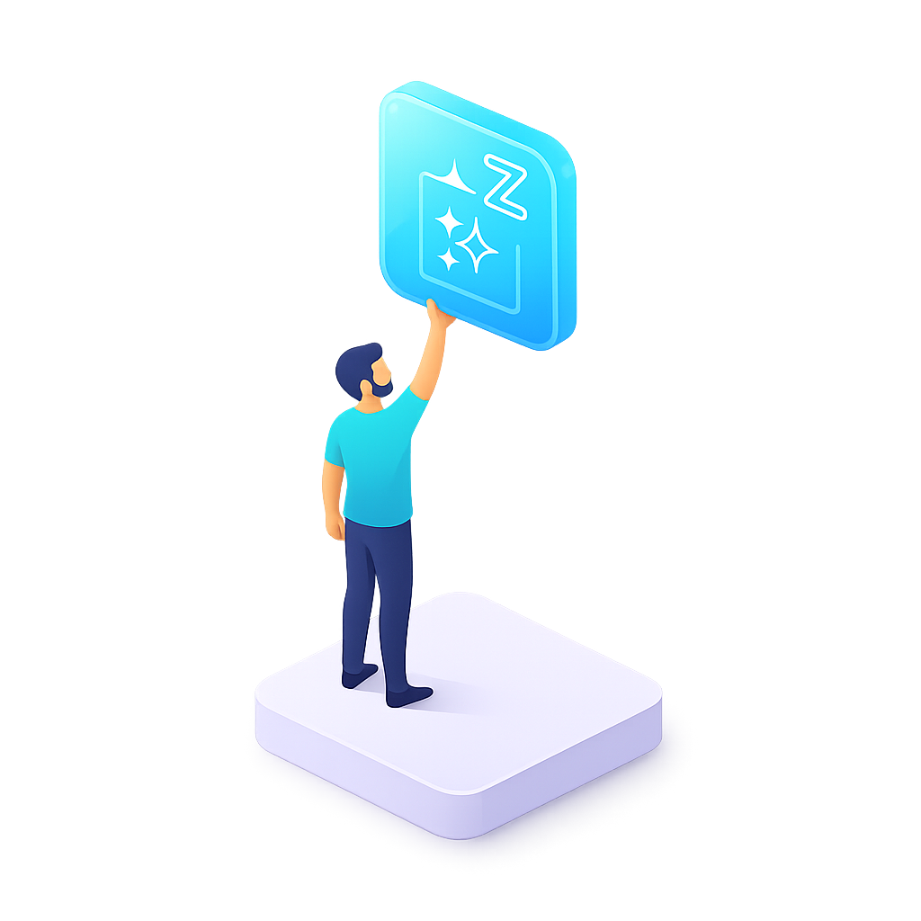Man touching glowing blue icon with stars and letter Z. Man touching glowing blue icon with stars and letter Z.