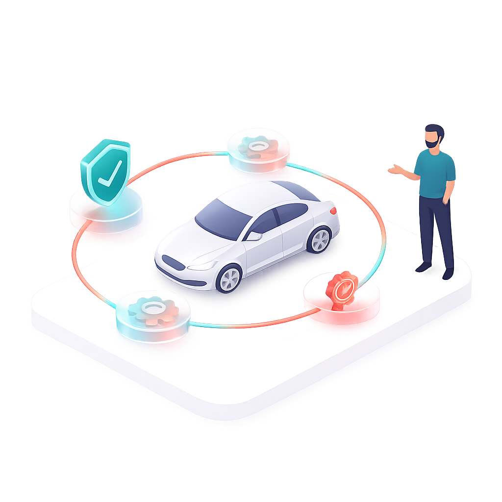 Illustration of a white car surrounded by icons and a Illustration of a white car surrounded by icons and a