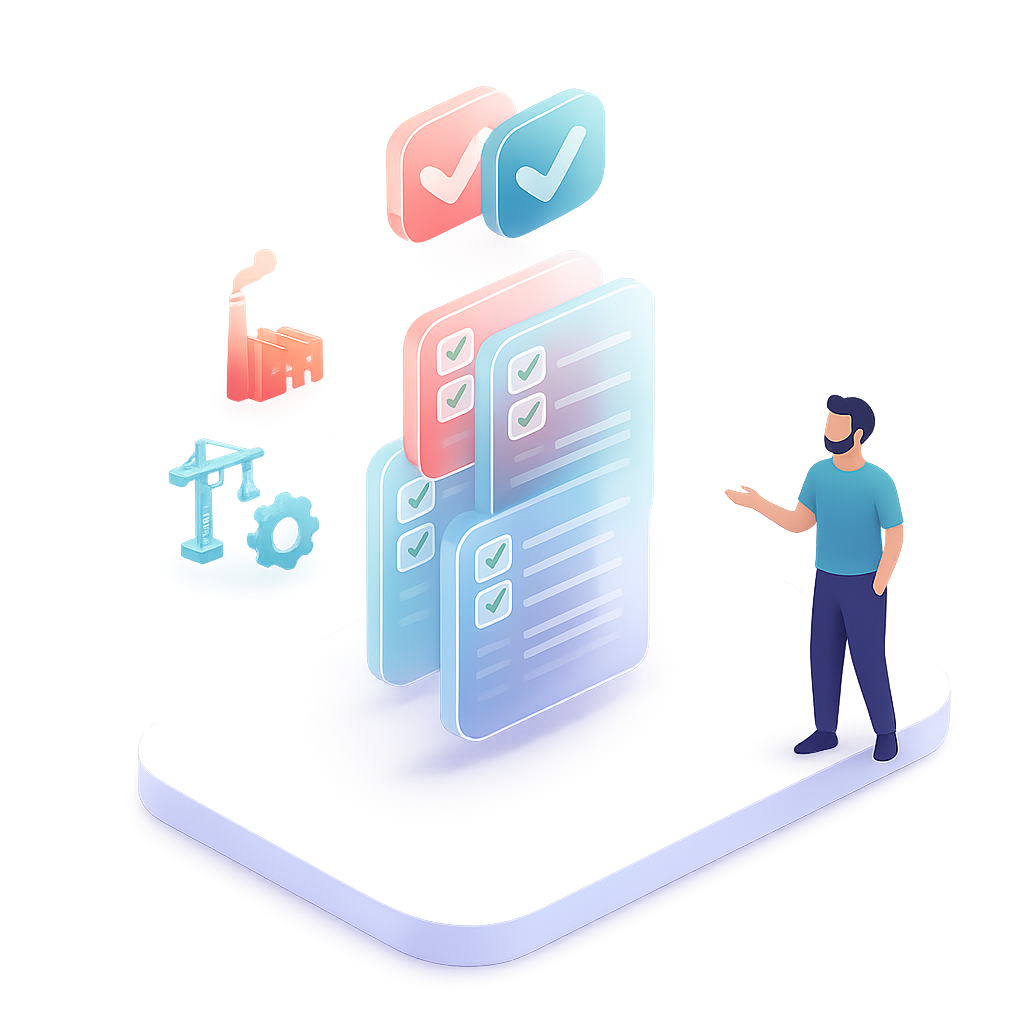Man interacting with floating checklist and industrial Man interacting with floating checklist and industrial