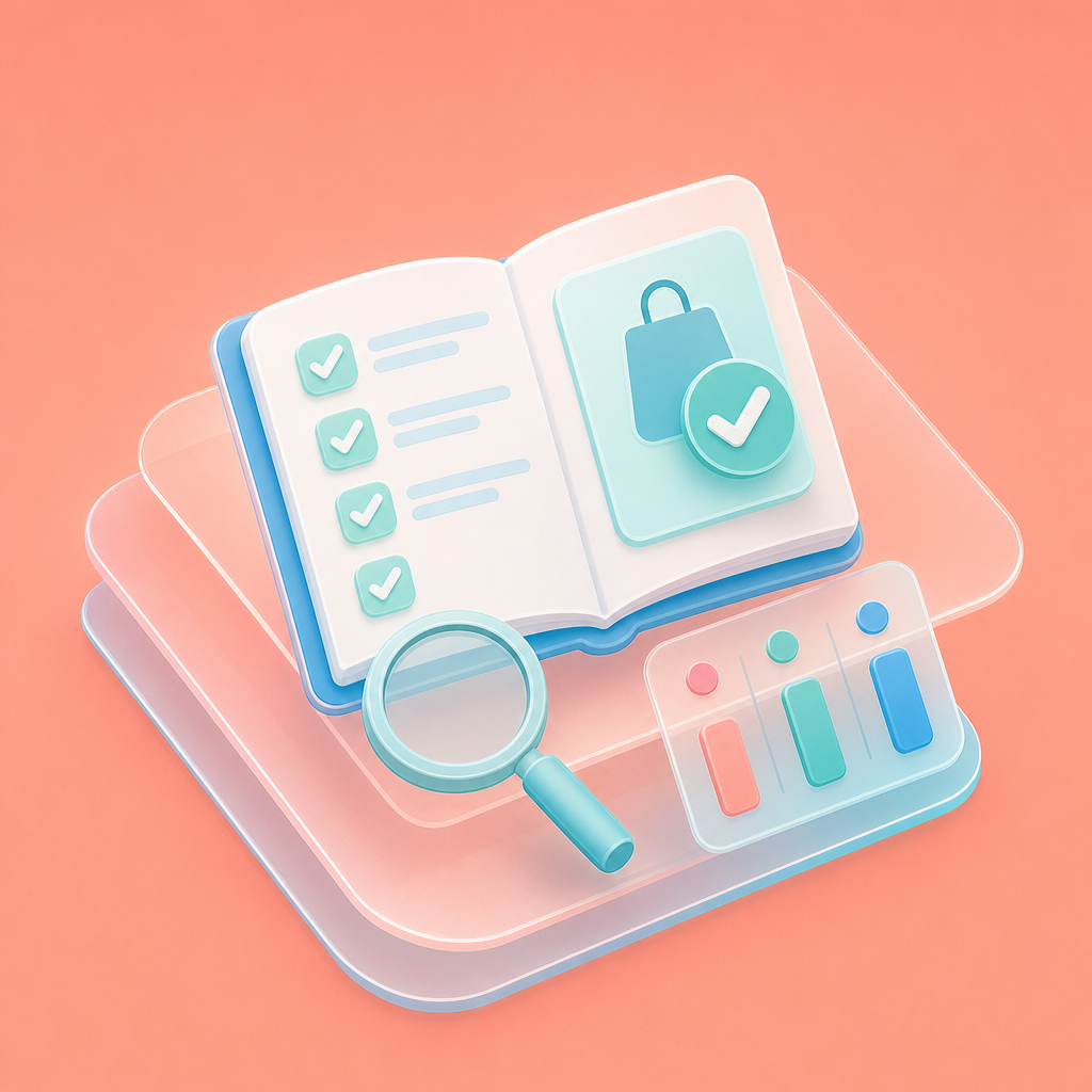 Open book with checklist, magnifying glass, and bar chart.