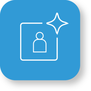 User icon with sparkle on blue background.