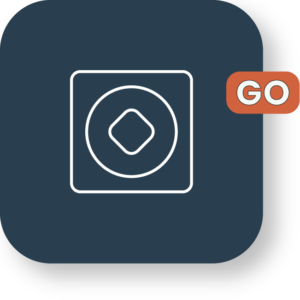 Dark blue app icon with white geometric shapes and GO label.