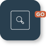 Magnifying glass icon with GO button on dark background.
