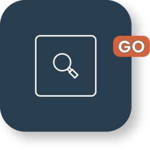 Magnifying glass icon with GO button on dark background.