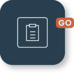 Clipboard icon with GO button on dark blue background.