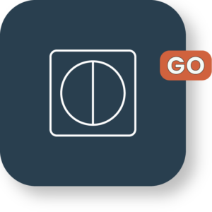 Dark blue app icon with a white circle and GO button.