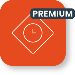 Orange app icon with clock symbol and PREMIUM label.