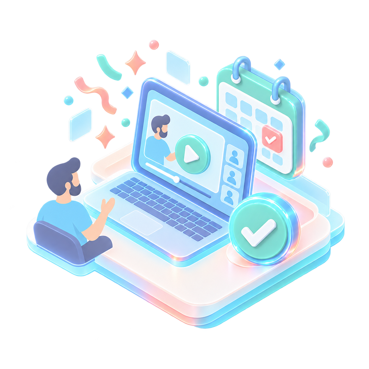 Illustration of online meeting on laptop with calendar and Illustration of online meeting on laptop with calendar and