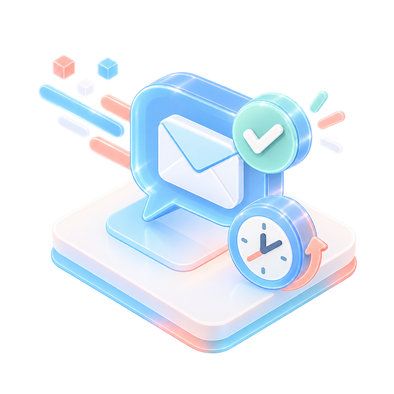 3D icons of envelope, checkmark, and clock on platform.