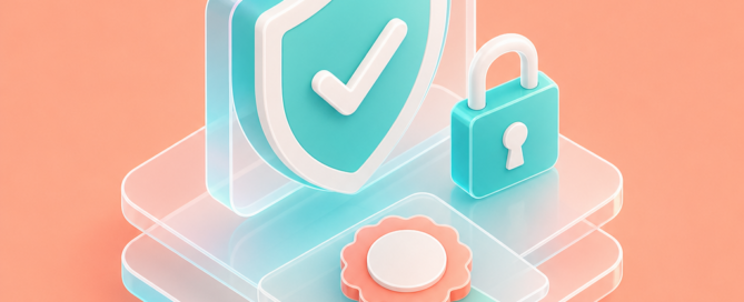 3D icons of shield, padlock, and badge on peach background.