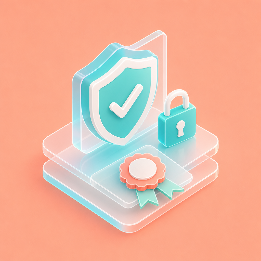 3D icons of shield, padlock, and badge on peach background.