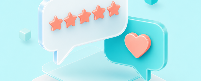 Speech bubbles with five stars and heart on blue background.