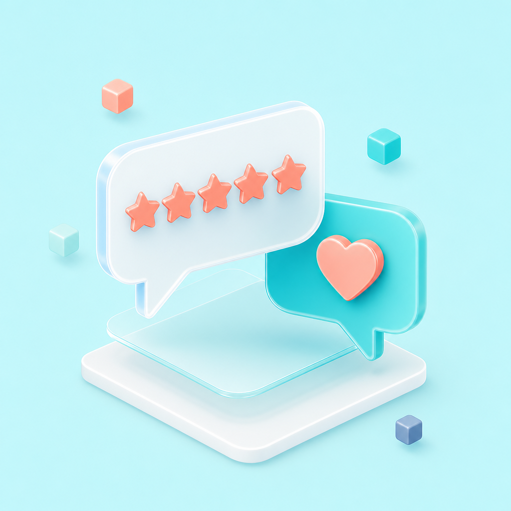 Speech bubbles with five stars and heart on blue background.