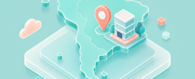 3D map of South America with location pin and building.