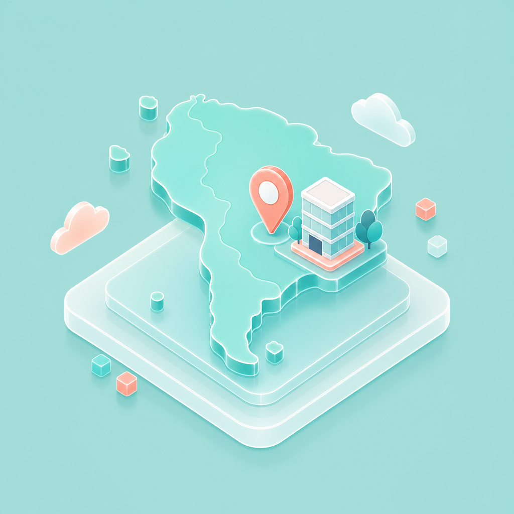 3D map of South America with location pin and building.