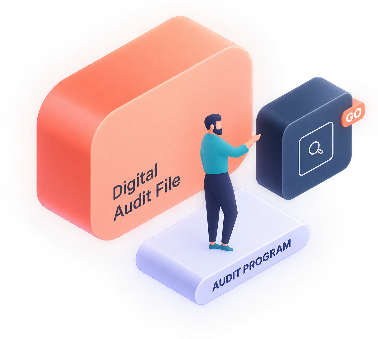 Man interacting with digital audit file and search button. Man interacting with digital audit file and search button.