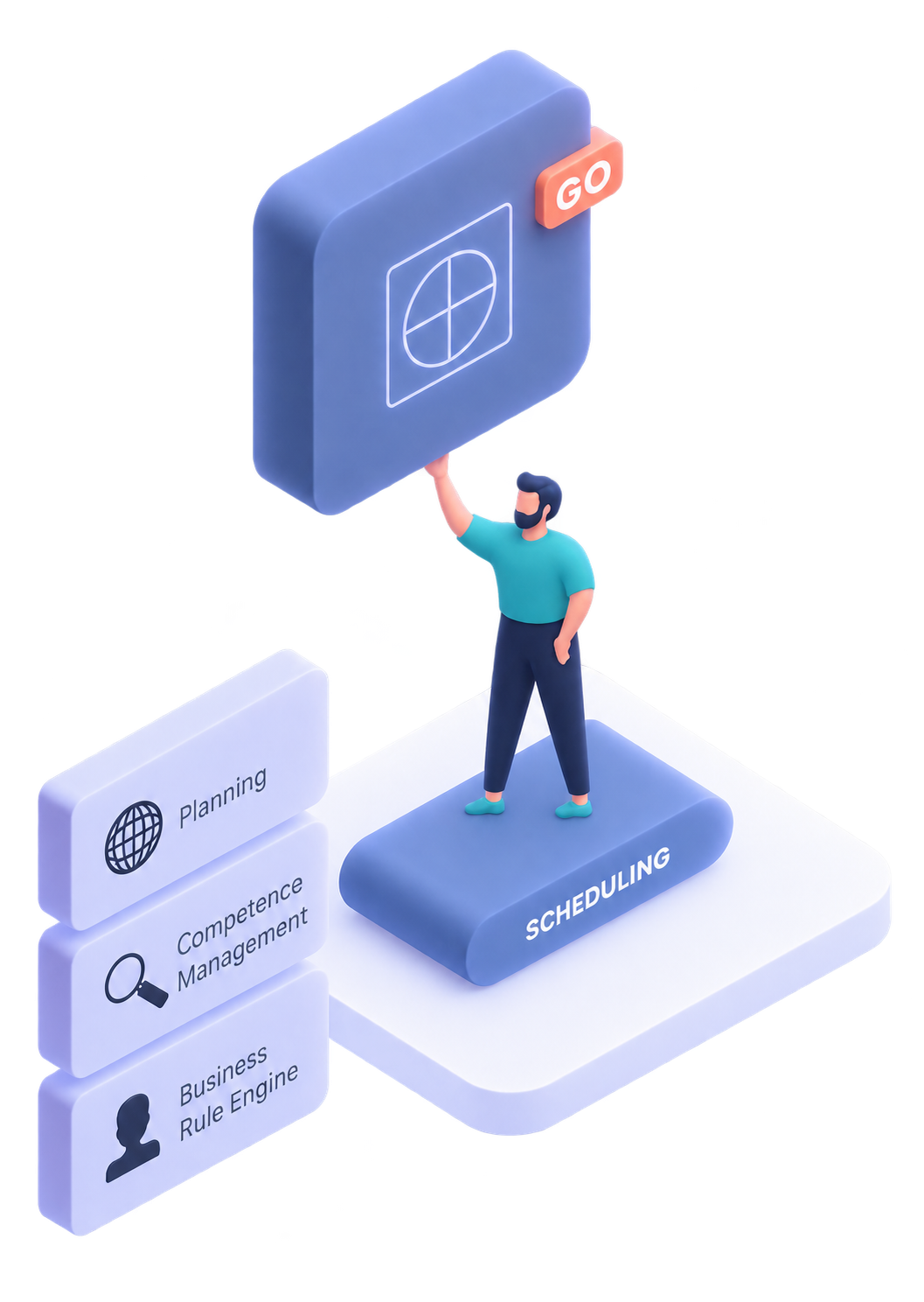 3D character interacting with scheduling interface. 3D character interacting with scheduling interface.