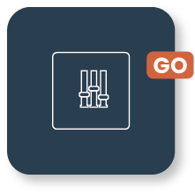 Icono de configuración con botón GO sobre fondo oscuro.