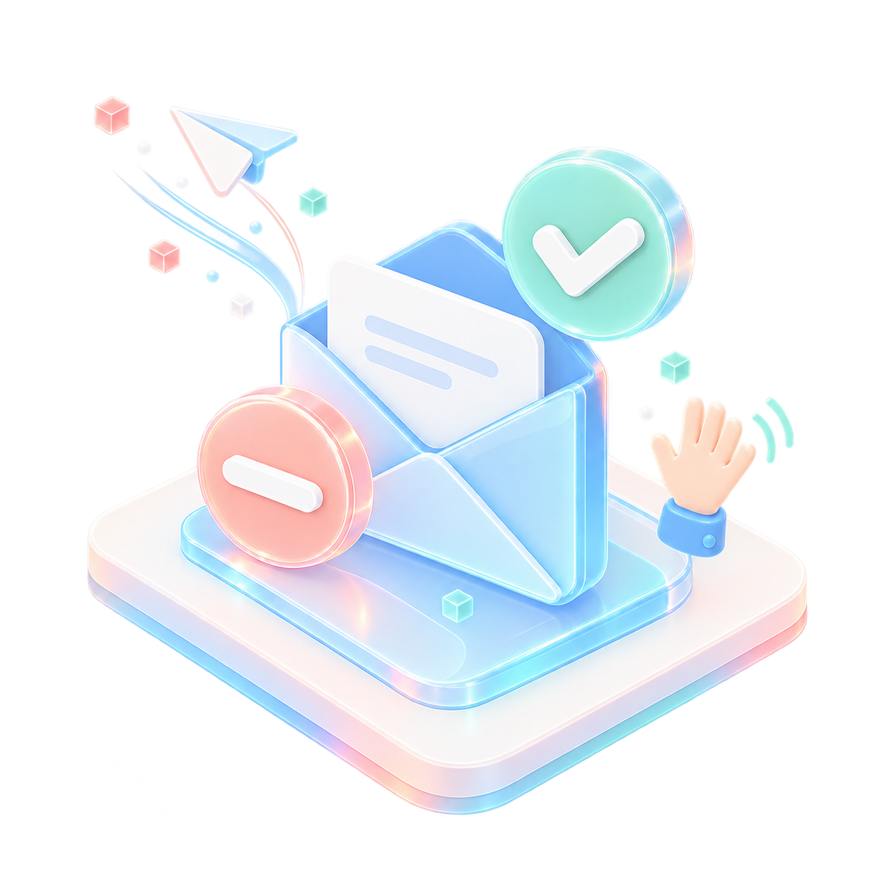 3D email icon with checkmark, cross, and waving hand. 3D email icon with checkmark, cross, and waving hand.
