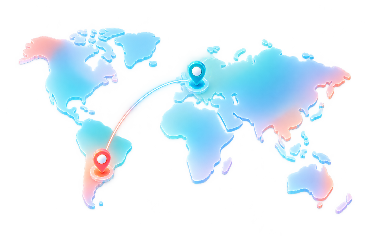 Mapa mundial con marcadores conectados por línea curva.