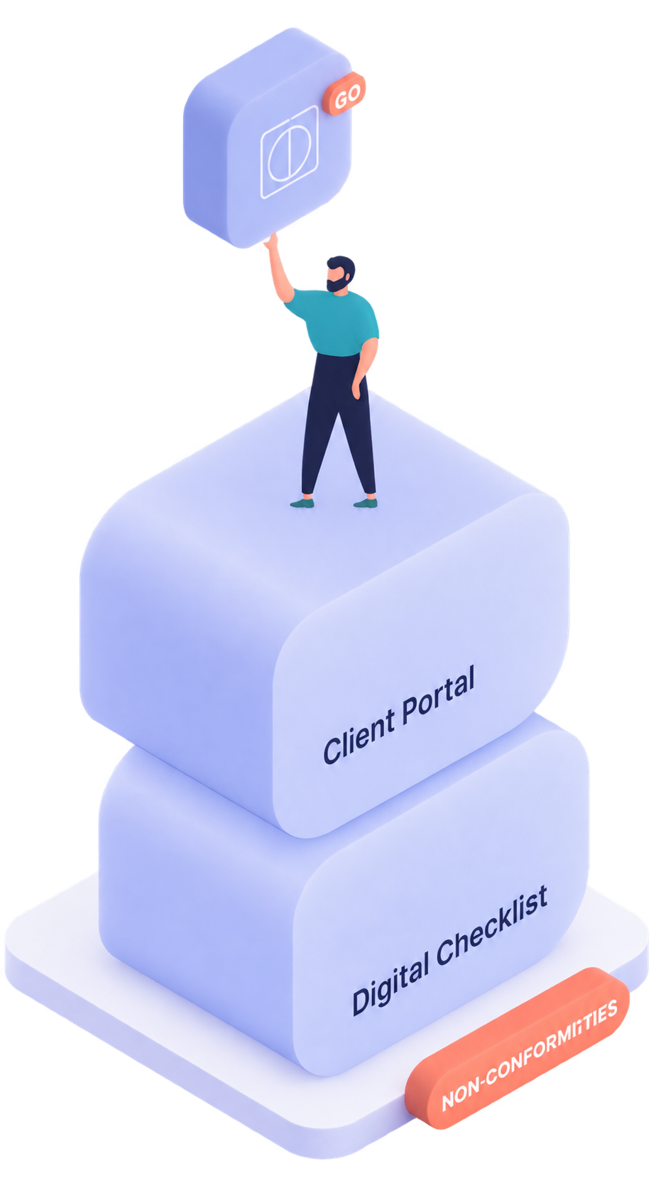Person standing on stacked blocks labeled Client Portal Person standing on stacked blocks labeled Client Portal