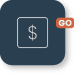 Dollar sign icon with GO button on dark background.
