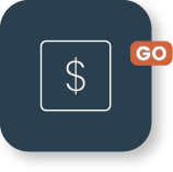 Dollar sign icon with GO button on dark background.